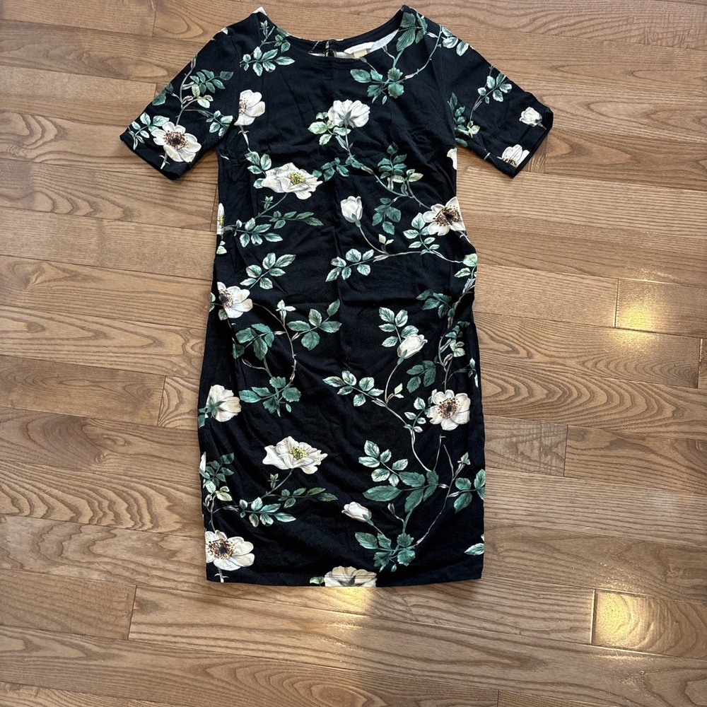 H&M Mama Maternity Black Dress with White and Green Floral Design